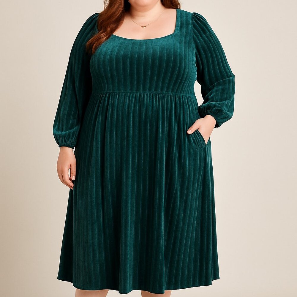 Susan Betro Green Velvet Vertical Stripe Long Balloon Sleeve Mid Dress Womens 3X